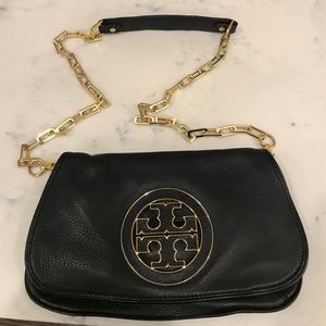 Tory Burch Amanda Pebbled Logo Black Clutch